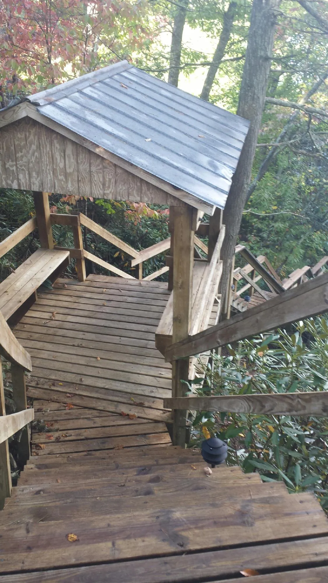 Metal roofed shelter over wooden steps on a wooded walkway — Skylight Repair & Installation work by our crew in Lemon Grove